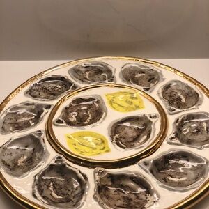 Oyster Serving Plate  Ceramic  Large Art Pottery Signed Gold